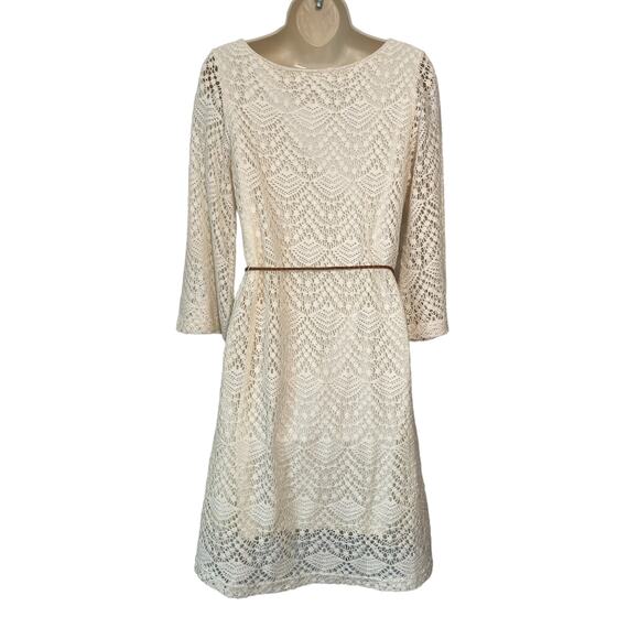 Lace Dress with Lasso Belt! Creamy Lace Short Dress, Lined, Sz 10 - Picture 2 of 7